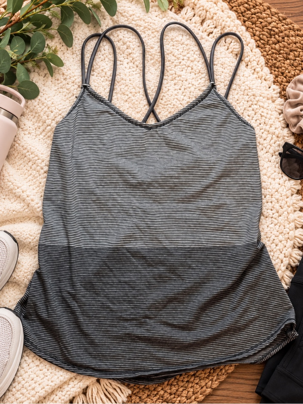 Lululemon Striped Criss Cross Racerback Workout Tank Top Black Gray Size 8